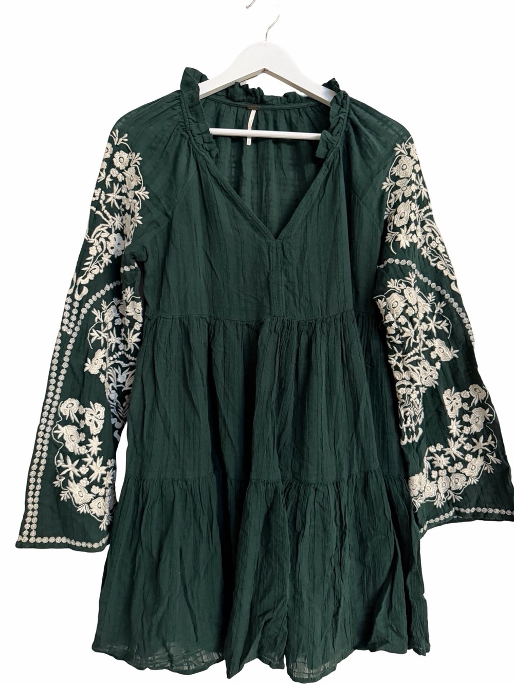 Free People Emerald City Embroidered Boho Dress Cotton Tiered V-Neck Airy Sz XS